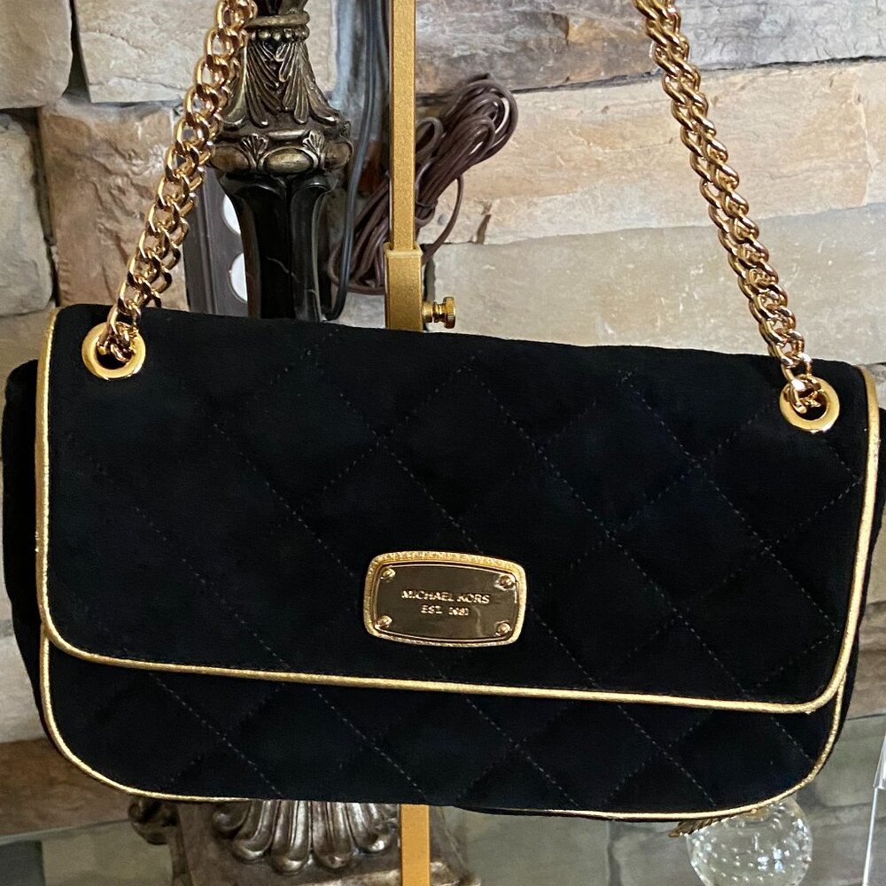 MICHAEL Michael Kors Black/Gold Trim Suede 2-Way Shoulder Bag - Picture 2 of 8